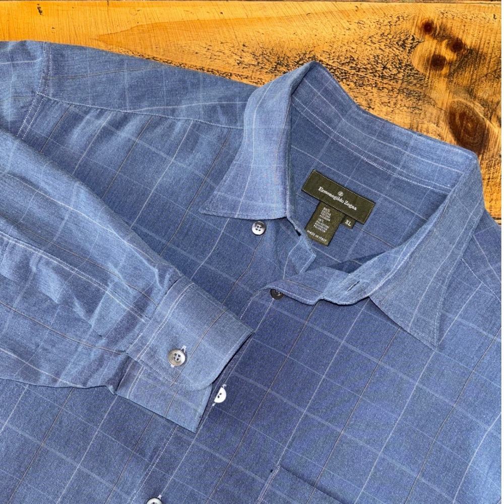 Ermenegildo Zegna Mens Blue Checkered Long Sleeve Button Down Shirt XL